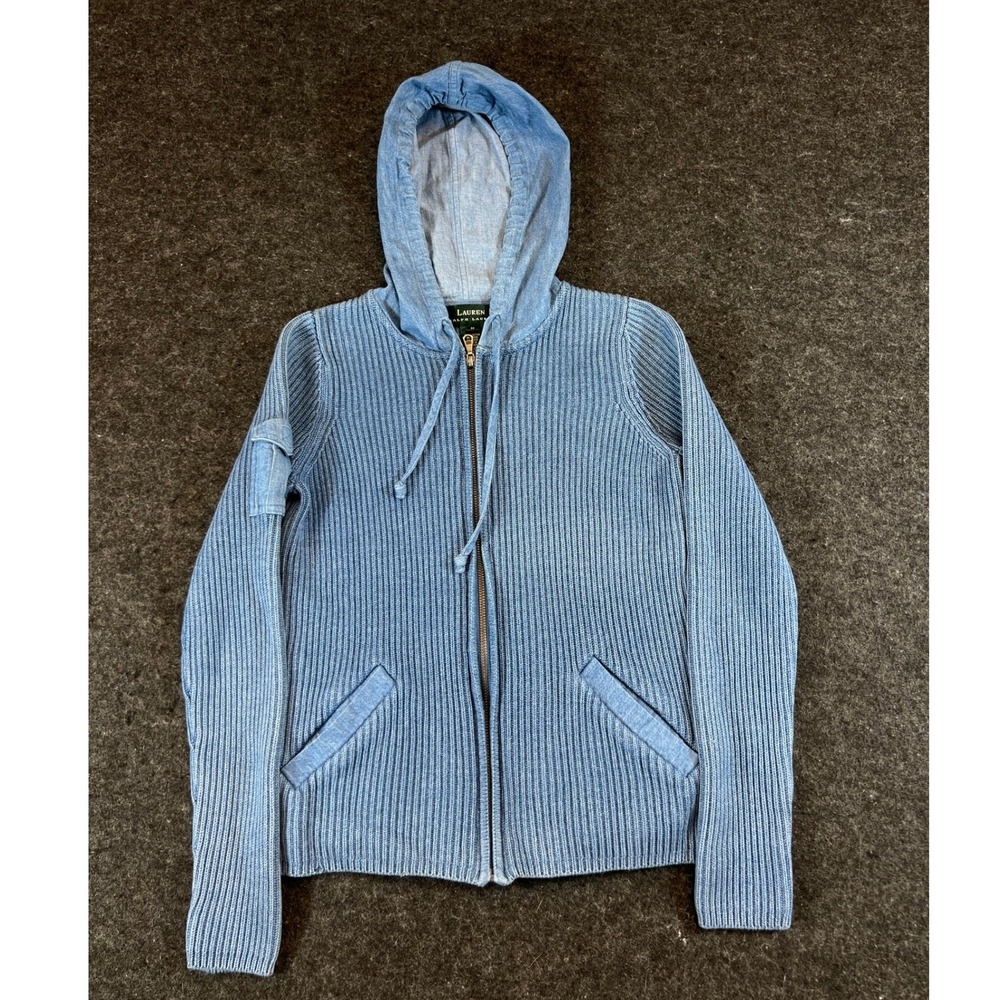 VTG Lauren Ralph Lauren Sweater Womens Medium Blue Ribbed Knit Full Zip Hooded